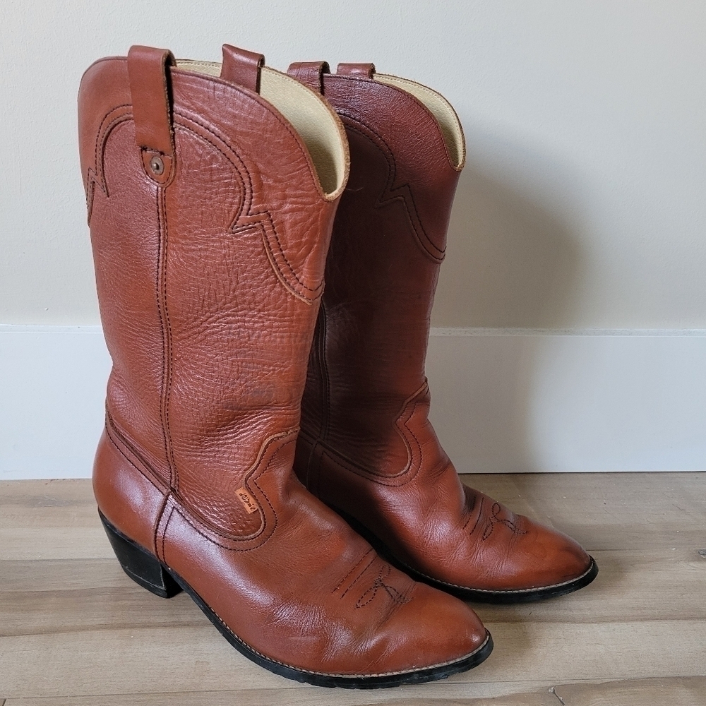 Vintage Men's Leather Levi's Cowboy Western Boots Cognac Brown Orange Tab Sz 10 - Picture 2 of 12